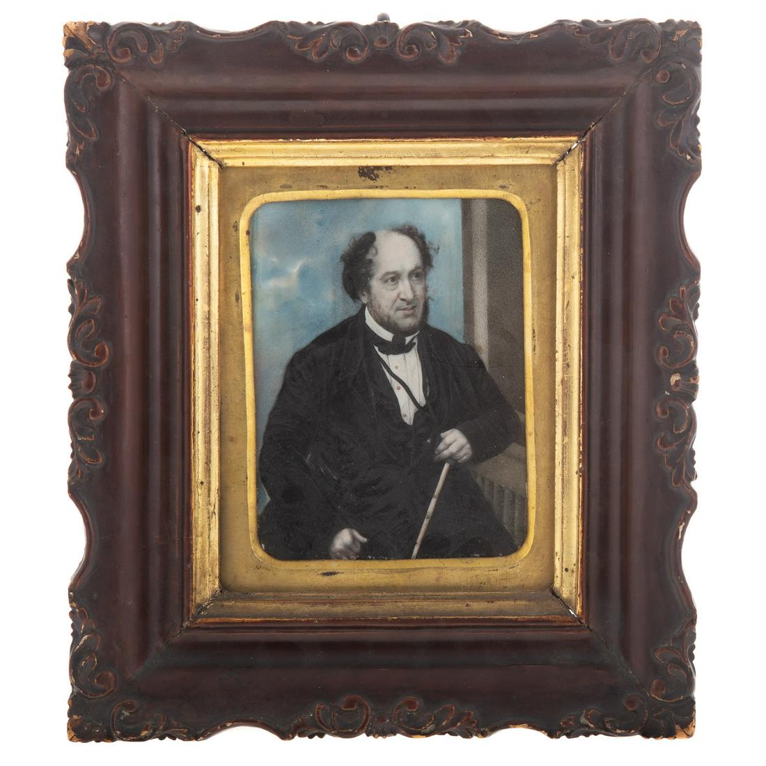 Chinese School 19th Century Portrait Miniature: Portrait of western man, gouache, 4 x 5 in. in period wood and gilt frame, 8 1/2 x 9 1/2 in. From the Estate of Philip S. Dubey.