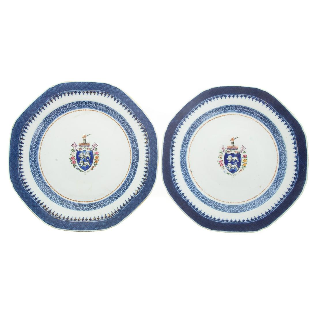 Pair Chinese Export Armorial Plates: Circa 1790; bearing the "Arms of Barnes," 9 1/2 in. Diam. For example see, Chinese Armorial Porcelain by D.S. Howard. From the collection of Philip S. Dubey, noted Asian scholar and antiquarian.