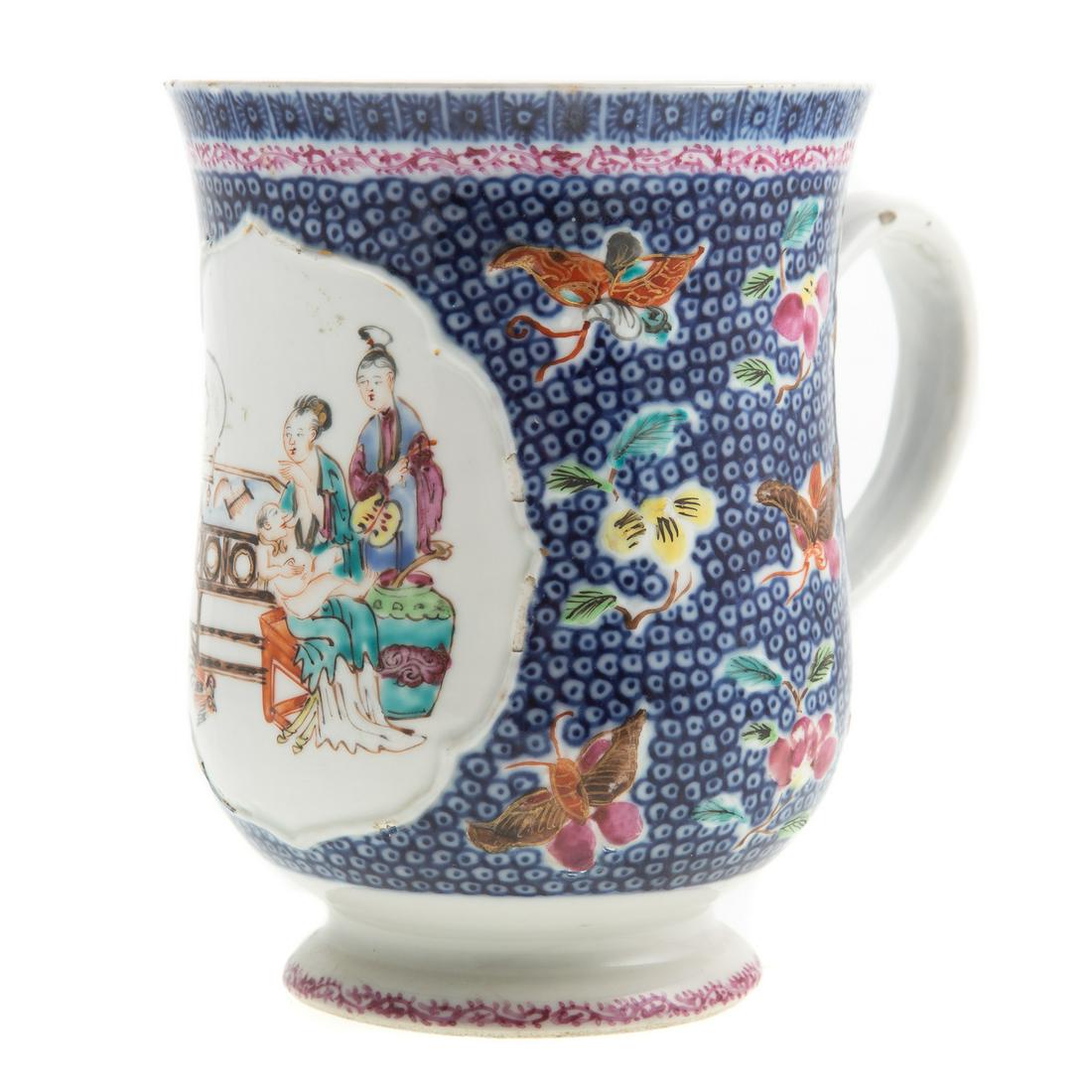 Chinese Export Baluster Form Cann: Circa 1760; blue cherry blossom with floral decoration, and court scene vignette, 5 3/4 in. H. Purchased from Philip S. Dubey