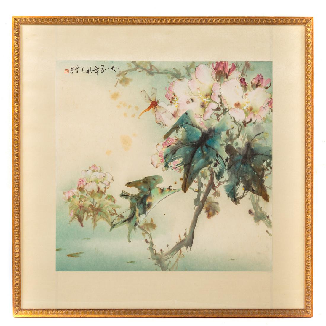 Framed Chinese Scroll Painting: Artist Unidentified (1st Half 20th Century) Dragonfly on a flowering branch, inscribed and signed at upper left; Ink and watercolor on paper, 19 5/8 X 20 1/8 in., in silk brocade mounts.