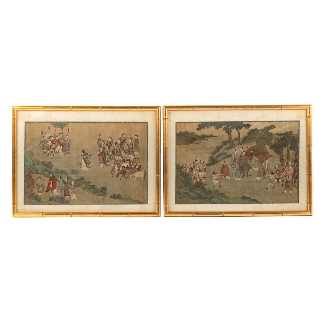 Pair of Chinese Scroll Paintings, Framed: Artist unidentified (18th or 19th Century). Two images illustrating incidents during travel, possibly from the life of Confucius; each signed lower left; Ink and gouache on silk, each 16 X 24 in., in