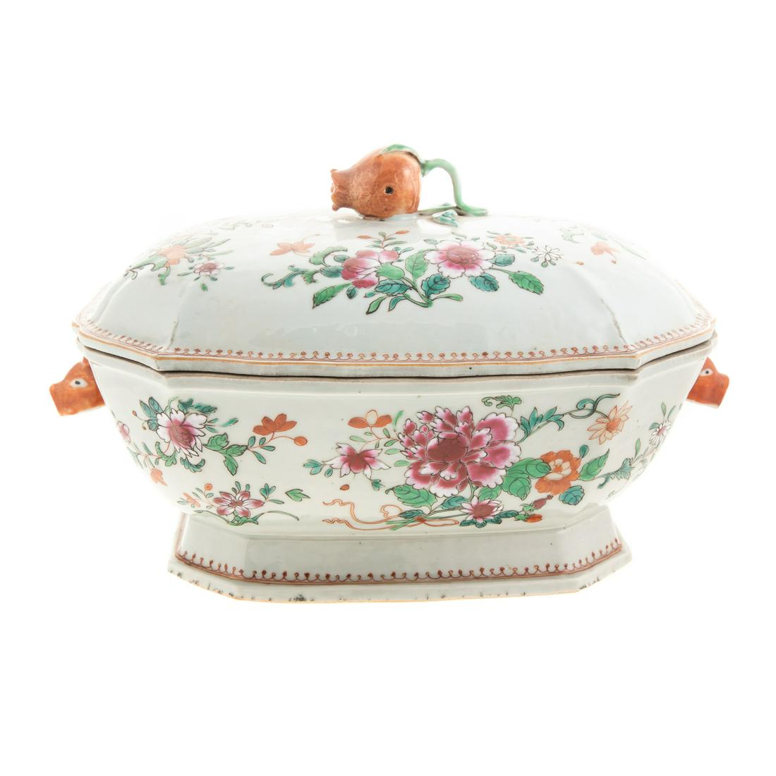 Chinese Export Famille Rose Soup Tureen: Circa 1760-70; wonderful soup tureen, with Famille Rose floral sprays, pomegranate knop and boar head handles, 8 in. H., 13 in. L. From the Estate of Jkvr. Christine Jacoba Tjarda van Starkenborgh (19