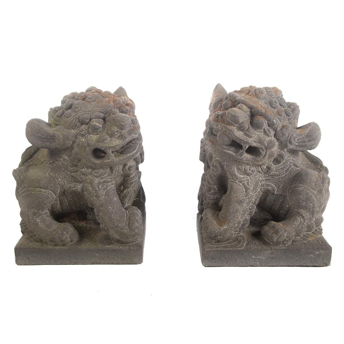 Pair Asian Cast Stone Foo Dogs: 20th century.