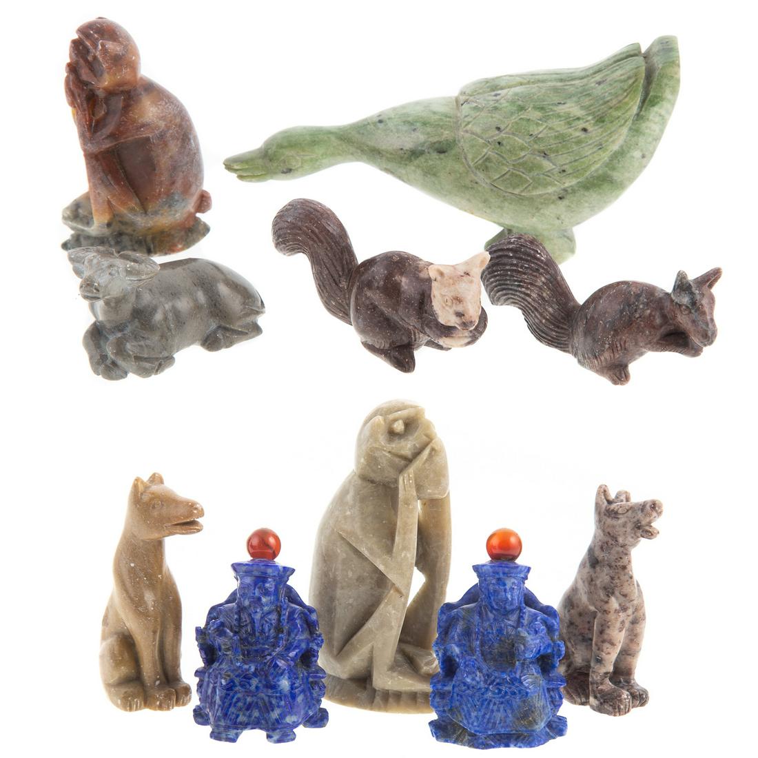 8 Chinese Carved Animals & 2 Lapis Snuff Bottles: Eight carved soapstone animals including; 2 squirrels, 2 dogs, 2 monkeys, water buffalo and goose, tallest - 4 in. H. and pair of carved lapis lazuli seated emperor and empress snuff bottles, 2 in. H.