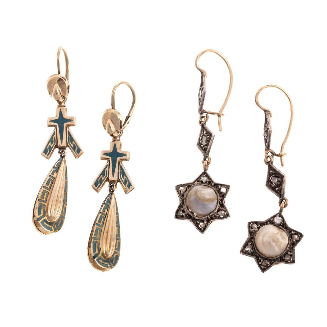 Two Pairs of Vintage Dangle Earrings in Gold: 1) 14K silver topped dangle earrings with star motif featuring native cut diamonds and pearl at the bottom, 2 in. L. and 2) 14K yellow gold light blue enamel dangle earring with cross motif at the top