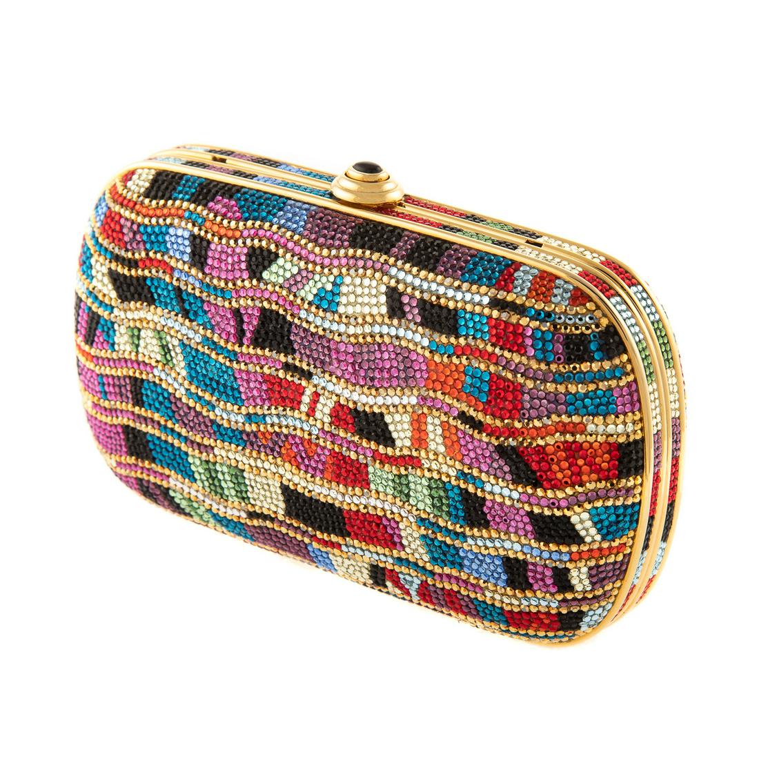 A Judith Leiber Multicolor Embellished Minaudiere: Gold and multicolor crystal-embellished Judith Leiber minaudiere with gold-tone hardware, single drop-in chain shoulder strap, geometric crystal embellishments throughout with rounded edges, metallic