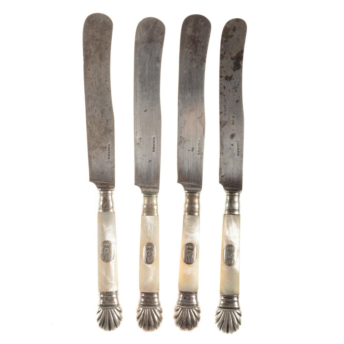 18 Silver-Mounted Knives: Eugene de Beauharnais: Circa 1805-1824; silver-mounted mother-of-pearl handles, with German steel blades; each with silver heraldic monogram of Eugene de Beauharnais, Viceroy of Italy, Duke of Leuchtenberg and son of Joseph