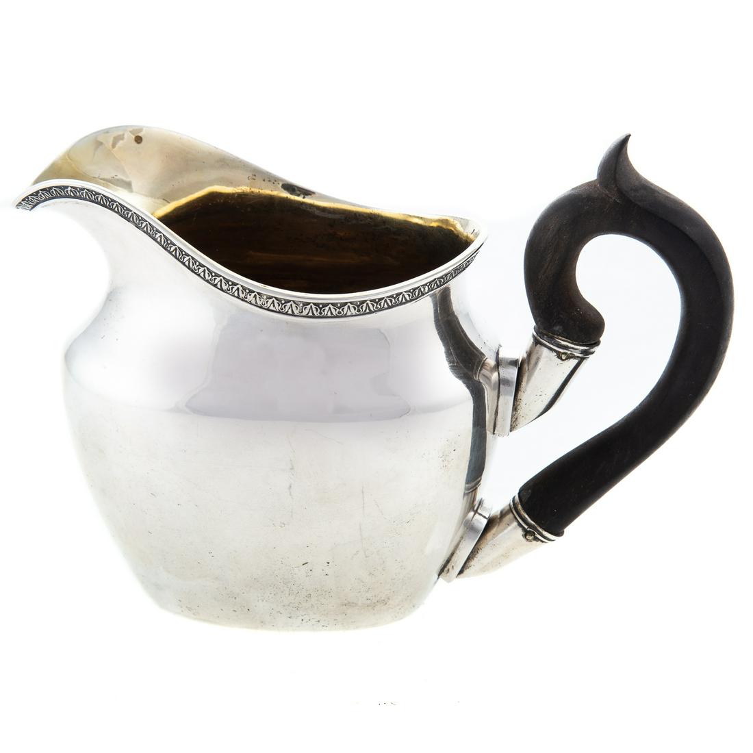 Russian Silver Creamer: Maximilian de Beauharnais: HAL cyrillic maker's mark, St. Petersburg, assay mark for Dimitry Ilyich Tverskoy, 1839, 84 silver standard; simple form with decorative border, wood handle, with heraldic monogram of Maximilian de Be