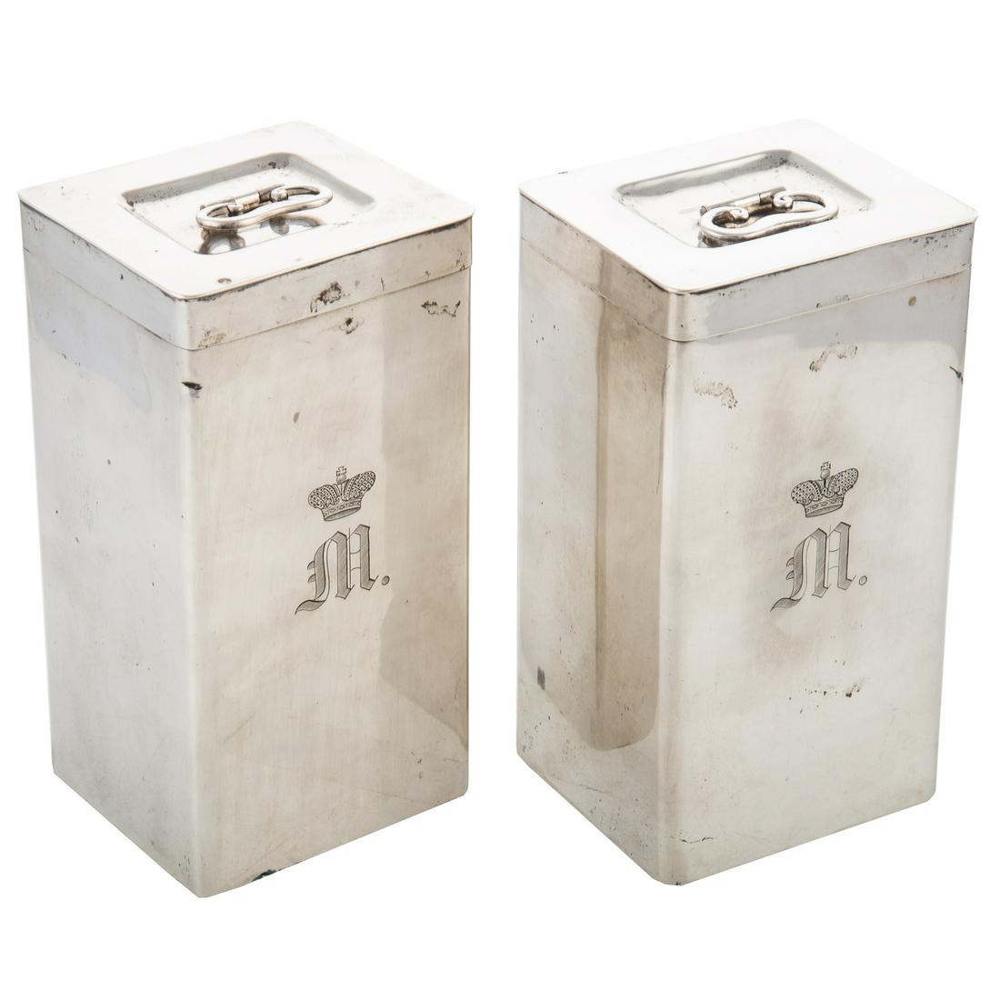 Pair Silver Tea Caddies: Maximilian de Beauharnais: Circa 1835-1852, German marks, stamped Mayrhofer; upright rectangular, the lift-off cover with simple ring handle, each with heraldic monogram of Maximilian de Beauharnais, 3rd Duke of Leuchtenberg an