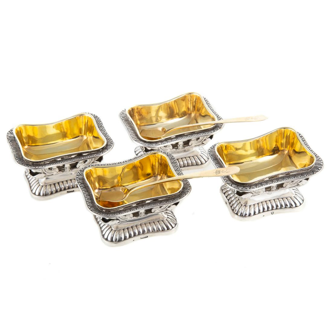 Four Silver Salts from the de Beauharnais Family: Munich marks, 1840 date marks, Mayrhofer maker's mark, French import mark; in the Neo-Classical style, rectangular pedestal foot, with gadrooned border, supporting conforming openwork body of griffins