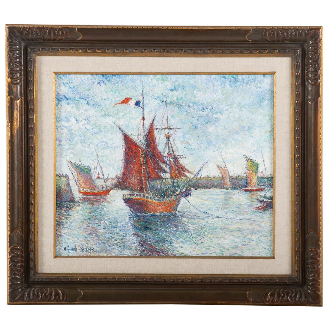 H. Claude Pissaro. "Les Bateaux Rouges," oil: Hugues Claude Pissaro (French, b. 1935). Oil on canvas, signed "H. Claude Pissaro" ll, signed and titled on verso, 18 x 21 3/4 in., framed.