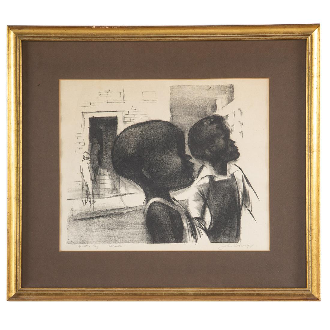 John Wilson. "Urbanites," lithograph: John Woodrow Wilson. (American, 1922-2015). Lithograph, 1964, ed. AP, pencil signed and dated "John Wilson" lr, sight size: 12 3/4 x 15 1/2 in., framed. Private collection, Severn, MD.