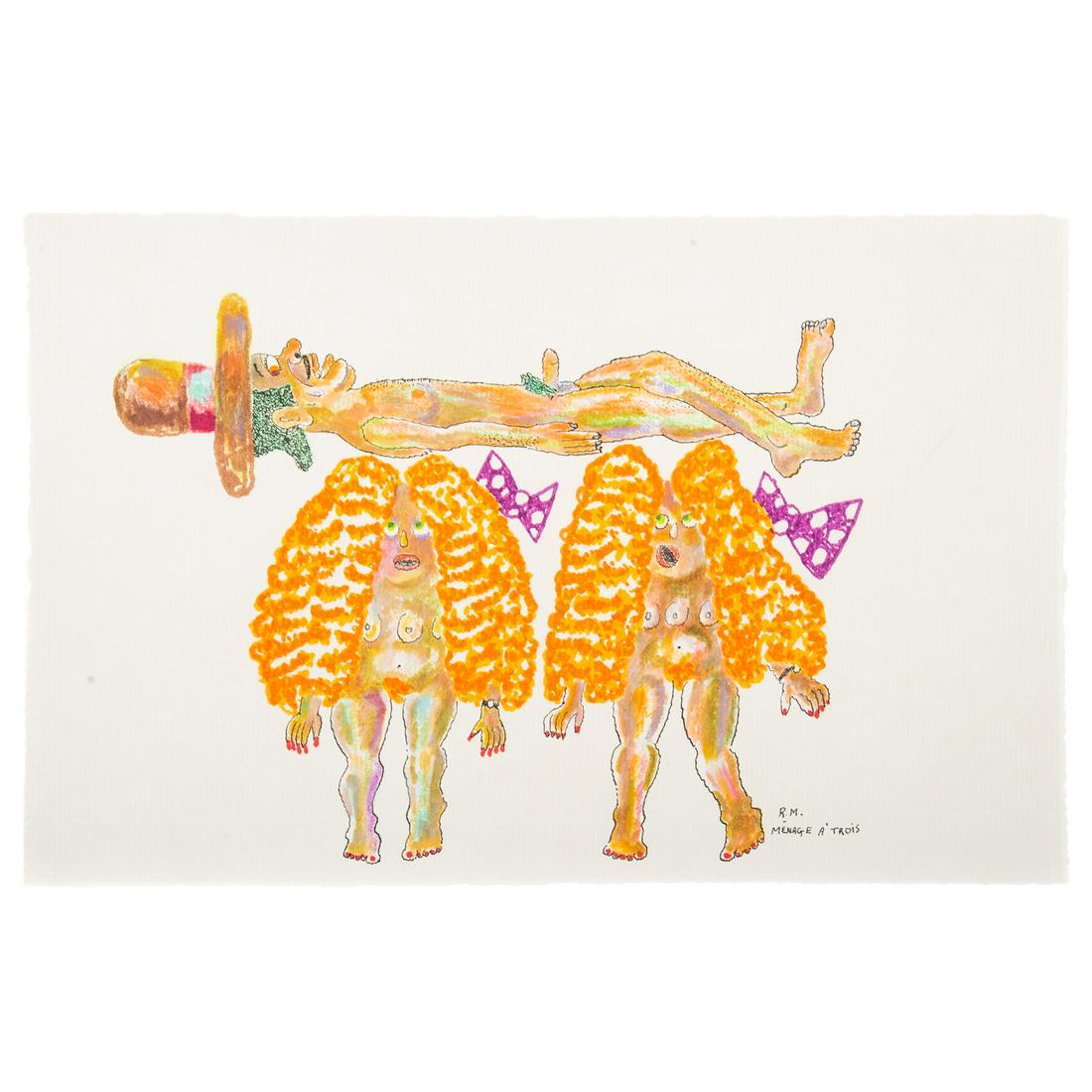 Ronald Markman. "Menage a Trois," colored pencil: (American, 1931-2017). Colored pencil on Arches paper, initialed "R.M." lr and titled lr, 6 1/4 x 9 7/8 in., unframed. From the Estate of Artist Ronald Markman, Annapolis, MD.