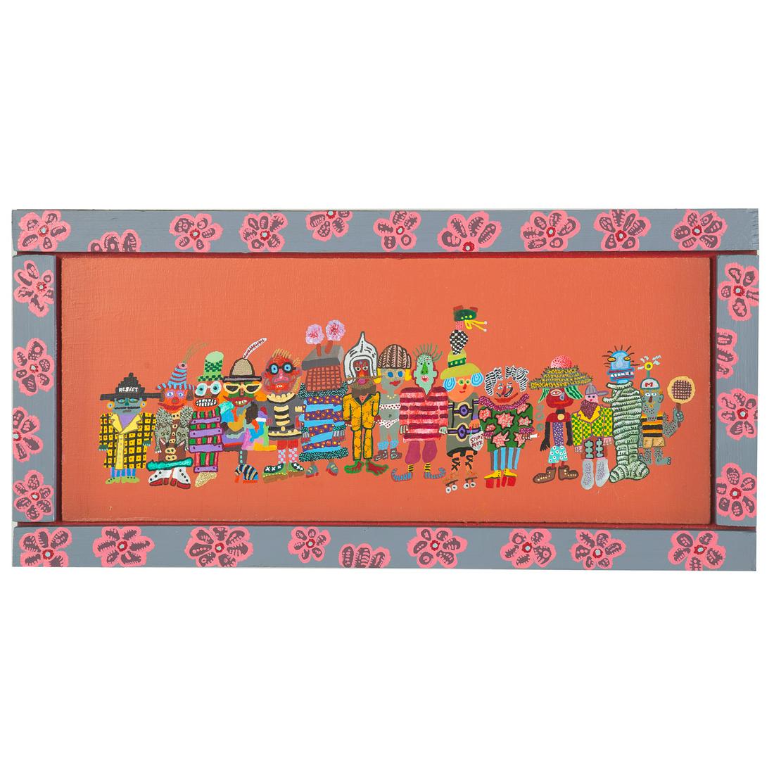 Ronald Markman. "Ordinary Mukfians," acrylic: (American, 1931-2017). Acrylic on wood with handmade frame, 1991, signed and titled on verso, 13 1/4 x 25 1/2 in. From the Estate of Artist Ronald Markman, Annapolis, MD.