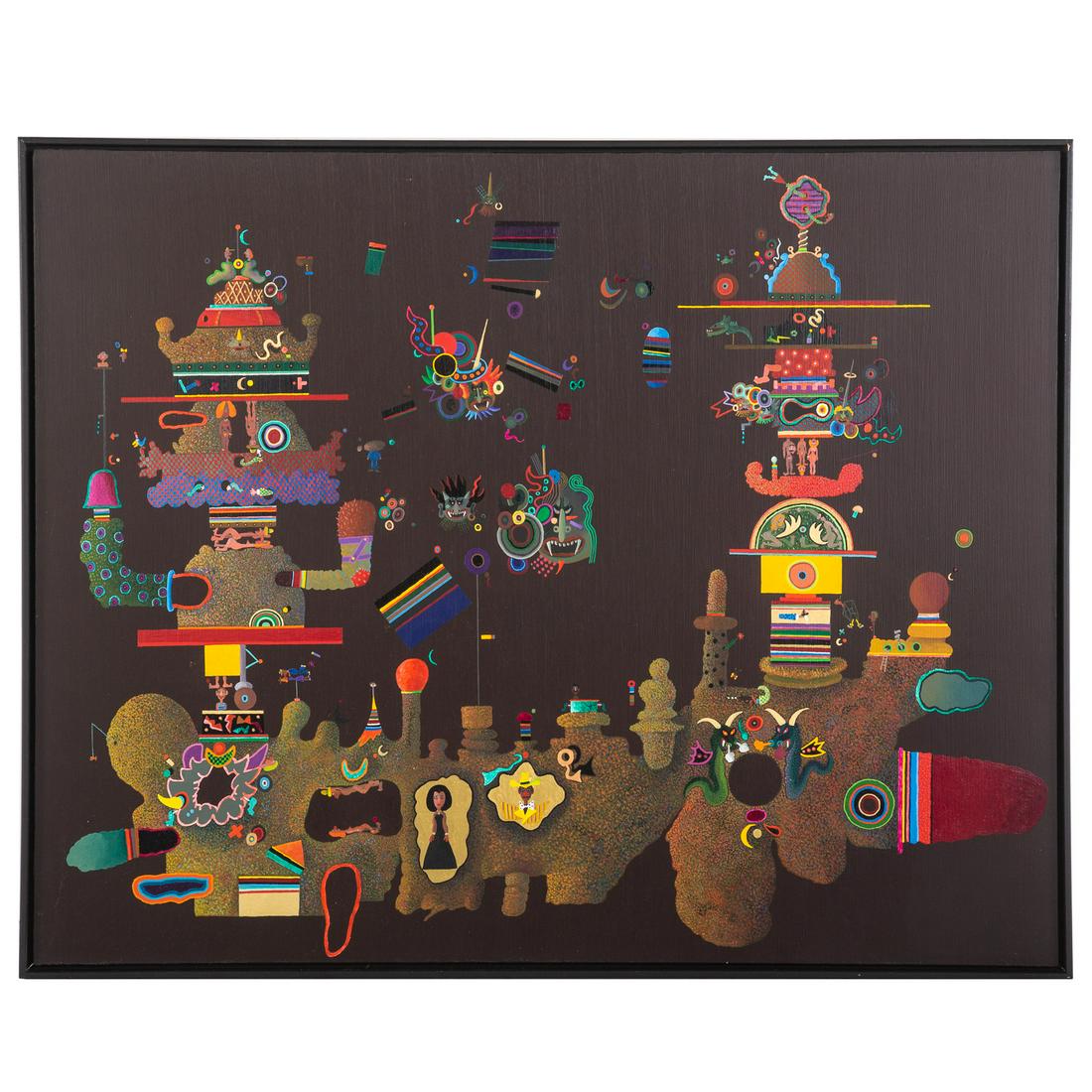 Ronald Markman. "Twin Towers," acrylic on wood: (American, 1931-2017). Acrylic on wood panel, 1989, signed and titled on verso, 31 3/4 x 40 in., framed. From the Estate of Artist Ronald Markman, Annapolis, MD.