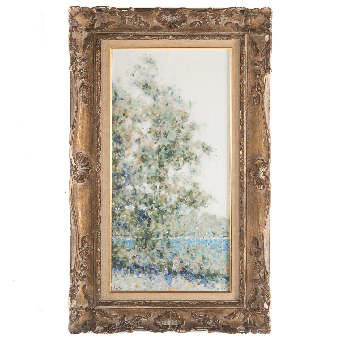 Andre Gisson. Impressionist Park Scene, oil: (American, 1928-2003). Oil on canvas, signed "Gisson" ll, 24 x 12 in., framed.