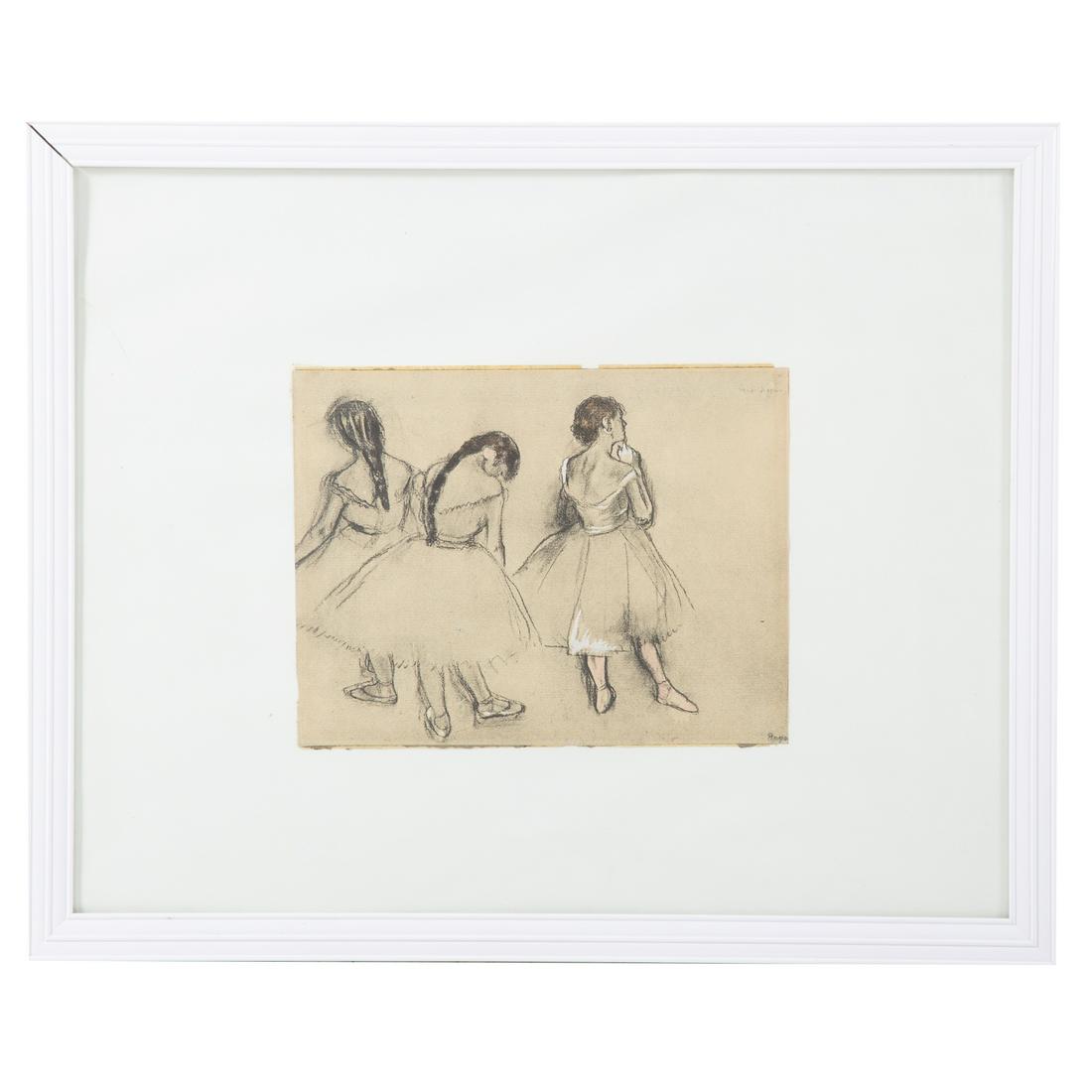 After Edgar Degas. "Trois Danseuses," lithograph: (French, 1834-1917). Pochoir heightened facsimile lithograph, from the Paul Lafond catalogue raisonne volume II, printed by H. Floury, Paris, 7 3/4 x 10 1/4 in., framed.