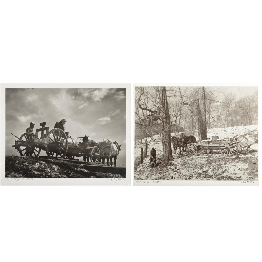 A. Aubrey Bodine. Two Maple Sugaring Photos: (American, 1906-1970). 1.) "Maple Syrup-Garrett Co," gelatin silver print, signed "A. Aubrey Bodine" lr, titled lr, photographer stamp on verso, 11 x 14 in., unframed 2.) "Maple Syrup-Grantsville," ge