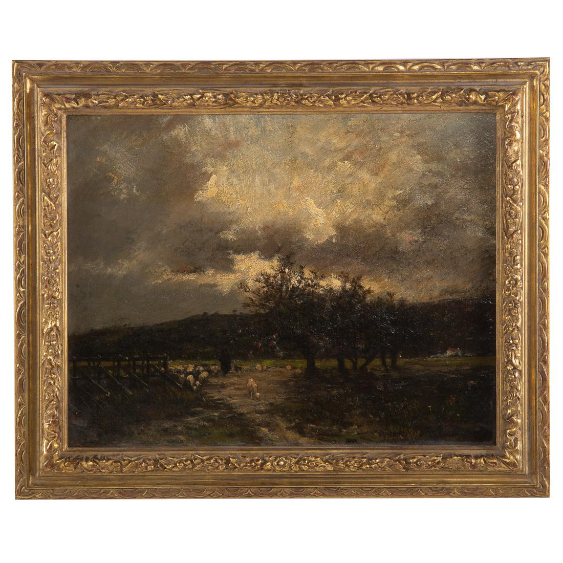 Jules Dupre. Sheepherder in a Landscape, oil: (French, 1811 - 1889). Oil on canvas, signed "Jules Dupre" lr, 11 x 14 in., framed.