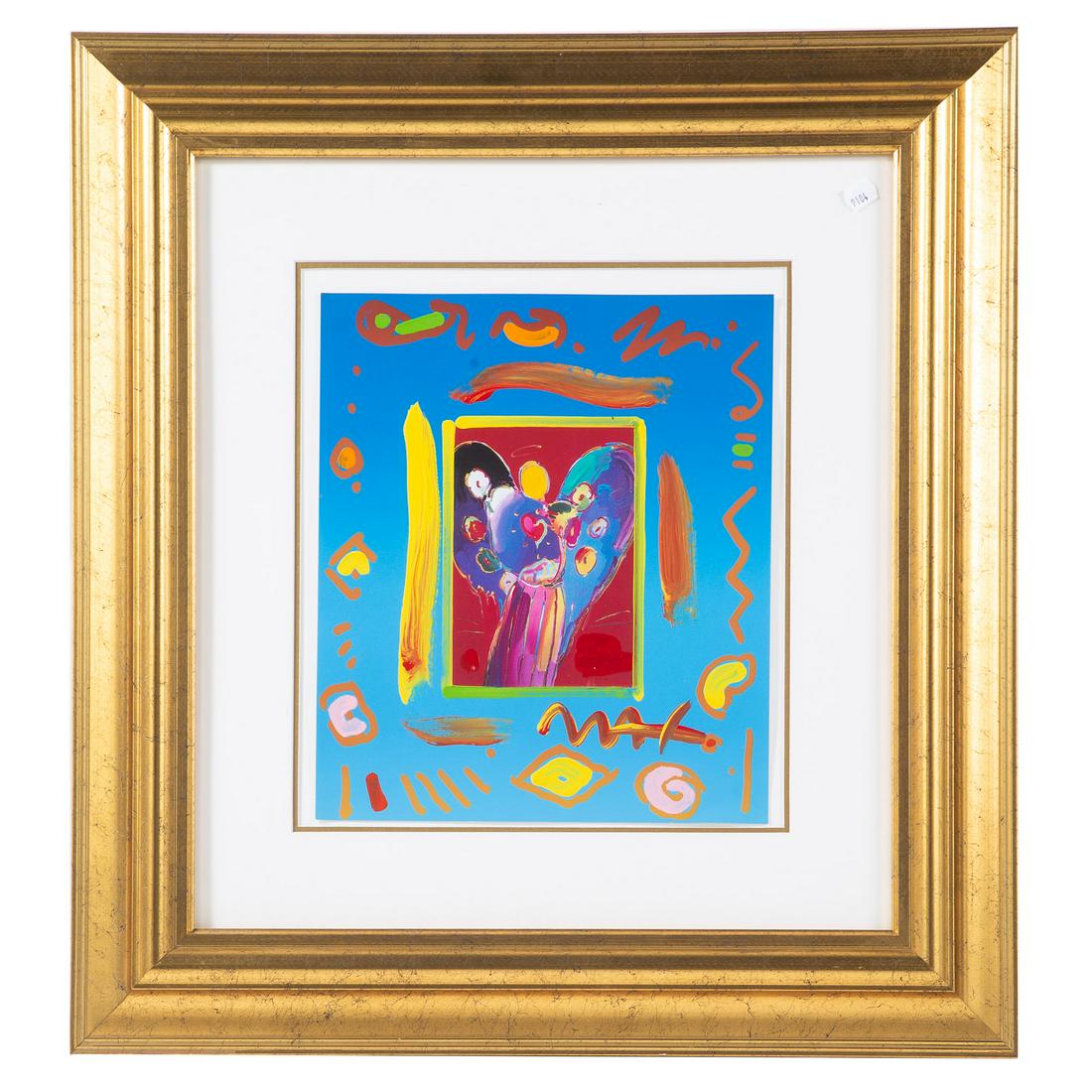 Peter Max. "Angel with Heart," enhanced serigraph: (German/American, b. 1937). "Angel Heart, Version II," acrylic enhanced serigraph, signed "Max" lr, 14 x 12 in., framed.