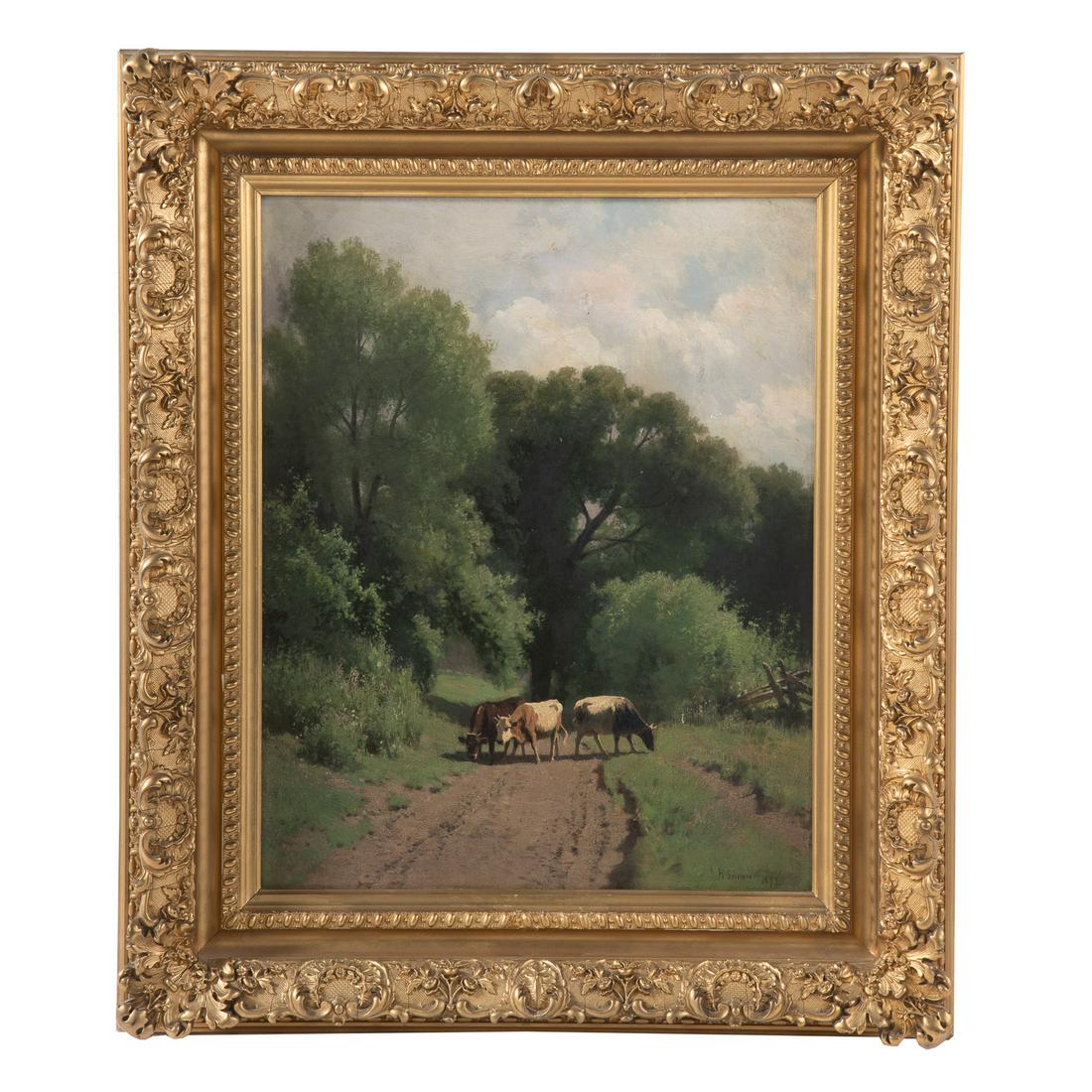 Hermann Gustave Simon. Cattle on a Village Path: (American, 1846-1895). Oil on canvas, signed and dated "H. Simon, 1892" lr, 20 x 16 in., framed.