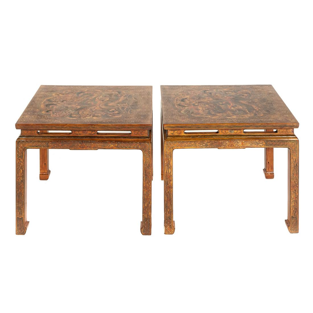 Pair of Chinese Pyrography Decorated Side Tables: Circa 1920-1930; tops decorated with dragon and cross hatch, legs and sides with cross hatch and bat. 22 in. H., 22 in. W., 27 in. D.