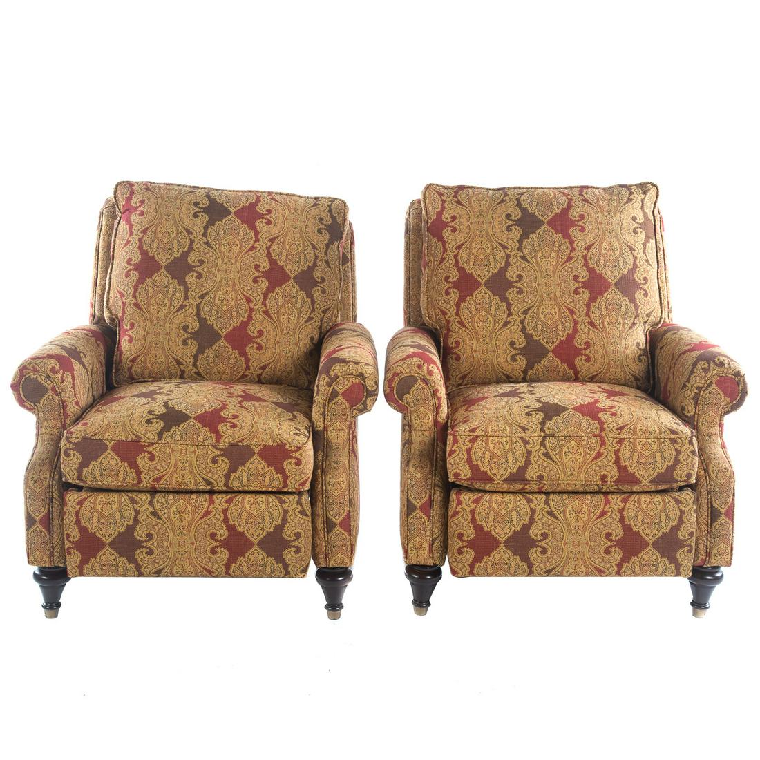 Pair of Bassett Upholstered Floral Recliners: Recliners measure 39 in. H., 36 in. W., 39 in. D.