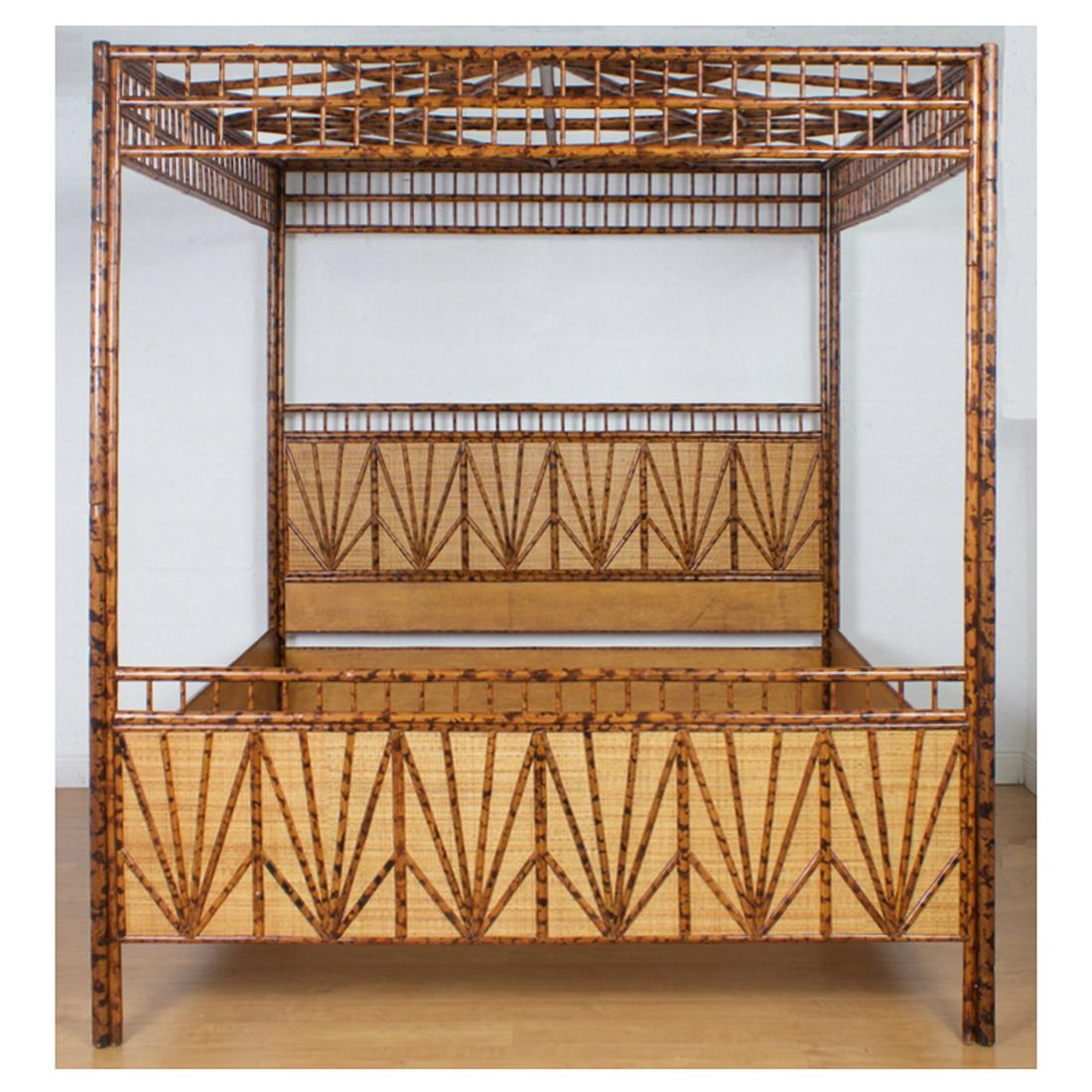 Maitland Smith Contemporary Queen-Size Canopy Bed: Queen-size contemporary canopy bed, with painted bamboo and grass cloth weavings. Approx size, 90 in. H., 82 in. L., 62 in. W.