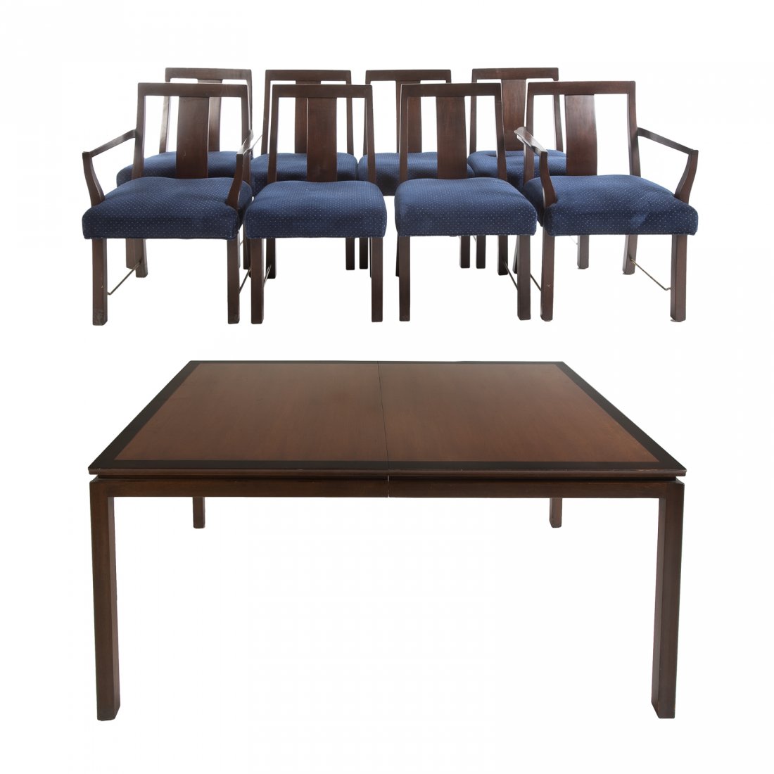 Dunbar Dining Table & Set of Eight Chairs: Contemporary banded dining table with two extension leaves, and set of eight upholstered chairs, two arm chairs and six side chairs. Table measures 30 in. H., 67 in. L., 115in L. with leaves. 44 in. W