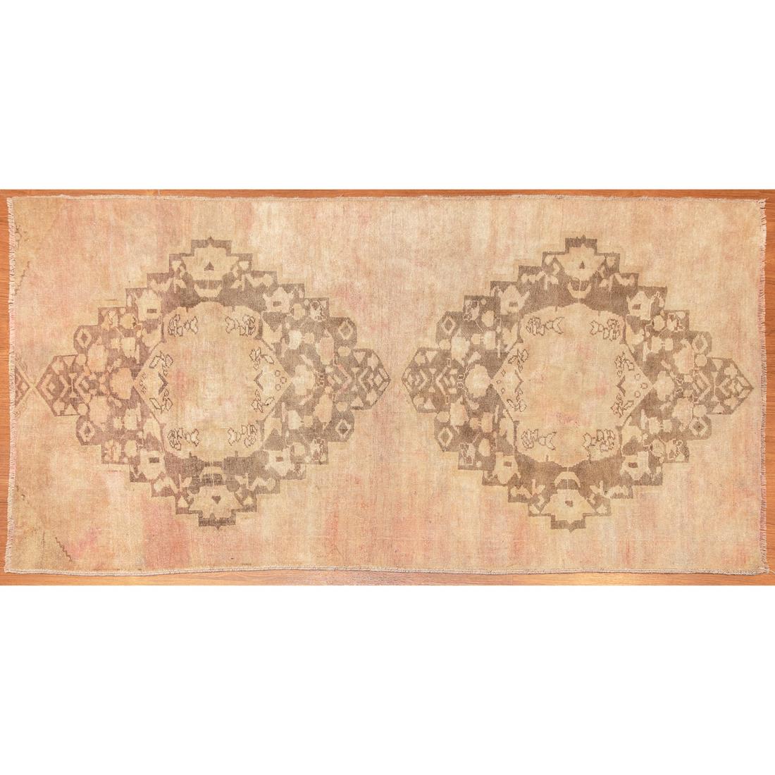 Semi-Antique Oushak Rug, Turkey, 2.4 x 7.2: Second Quarter-20th century; hand-knotted, wool pile on cotton foundation.