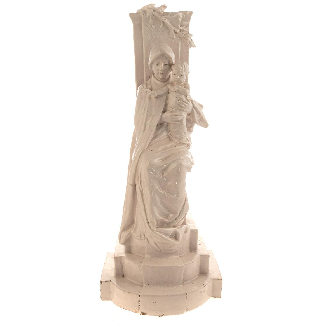 Continental Faience Madonna and Child: Madonna and Child seated on throne with step form base, mark on verso, 24 in. H.