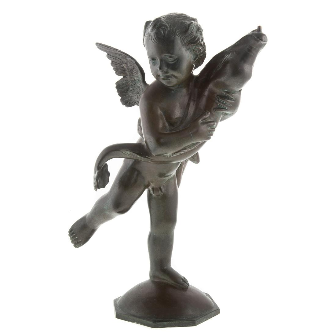 After Andrea Del Verrocchio Putto Fountain Bronze: After Renaissance original, putto holding dolphin, which acts as fountain head, 17 in. H.