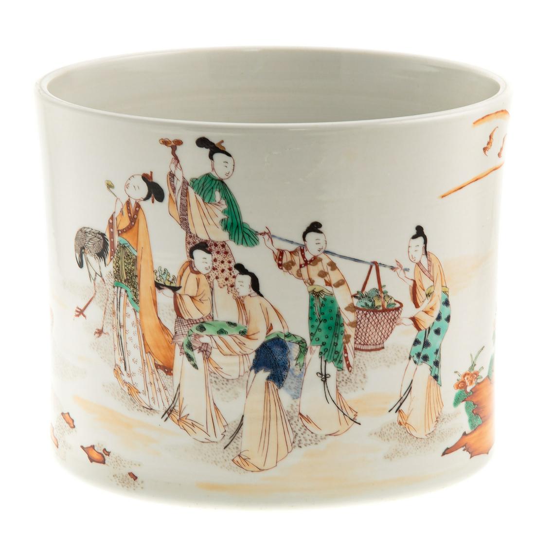 Chinese Rouge De Fer Porcelain Vase: Cylindrical vase with figures in garden, mark underneath, 6 in. H., 7 3/4 in. Diam.