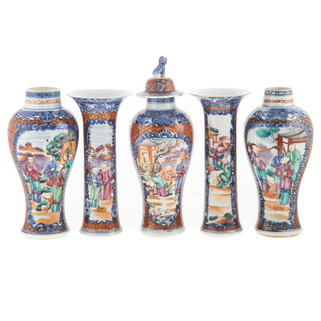 Chinese Export Mandarin Five Piece Garniture: Circa 1775; assembled garniture comprising three jars and two trumpets all with similar decoration with Blue Fitzhugh border, cross hatching and pair of Mandarin Palette garden scenes, 7 1/2 in. to 10