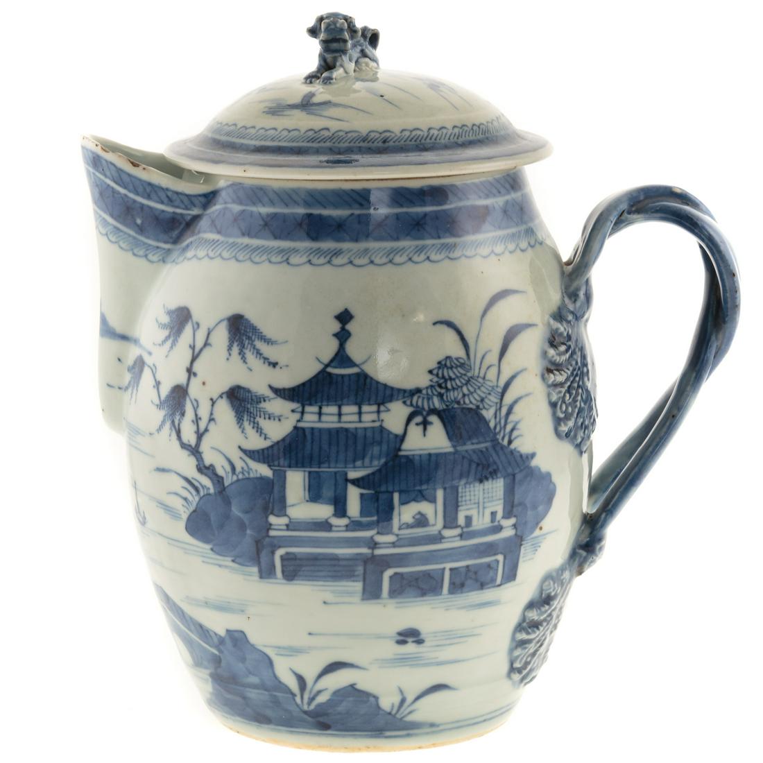 Chinese Export Canton Cider Flagon: Circa 1830-40; with river scene decoration and double strap handle and lid with foo dog knop, 9 1/2 in. H. From the Estate of Philip S. Dubey.