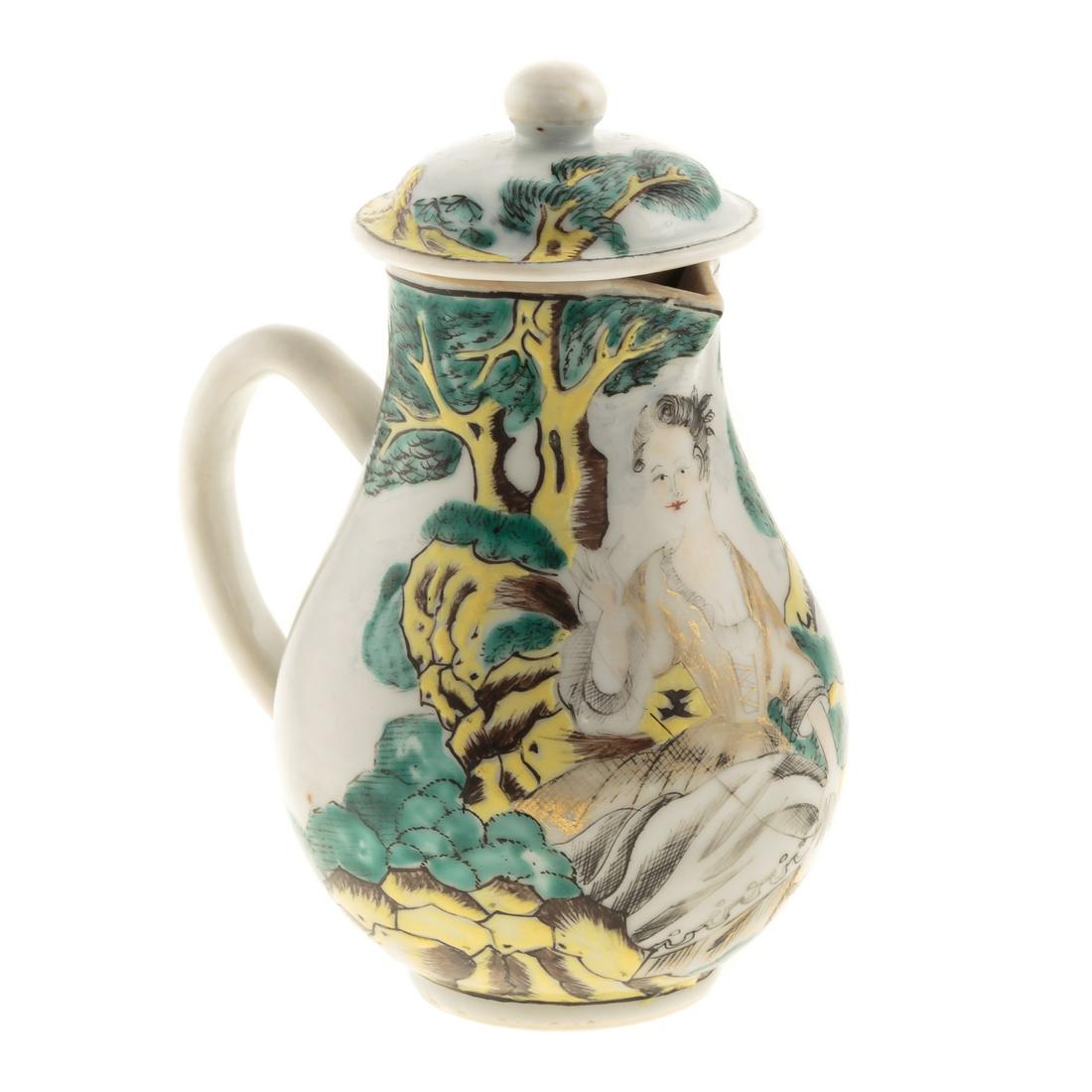 Rare Chinese Export European Scene Creamer: Circa 1740; sparrow's beak creamer with polychrome enamel decoration of European woman by tree with mountainous background. 4 3/4 in. H. From the Estate of Philip S. Dubey.