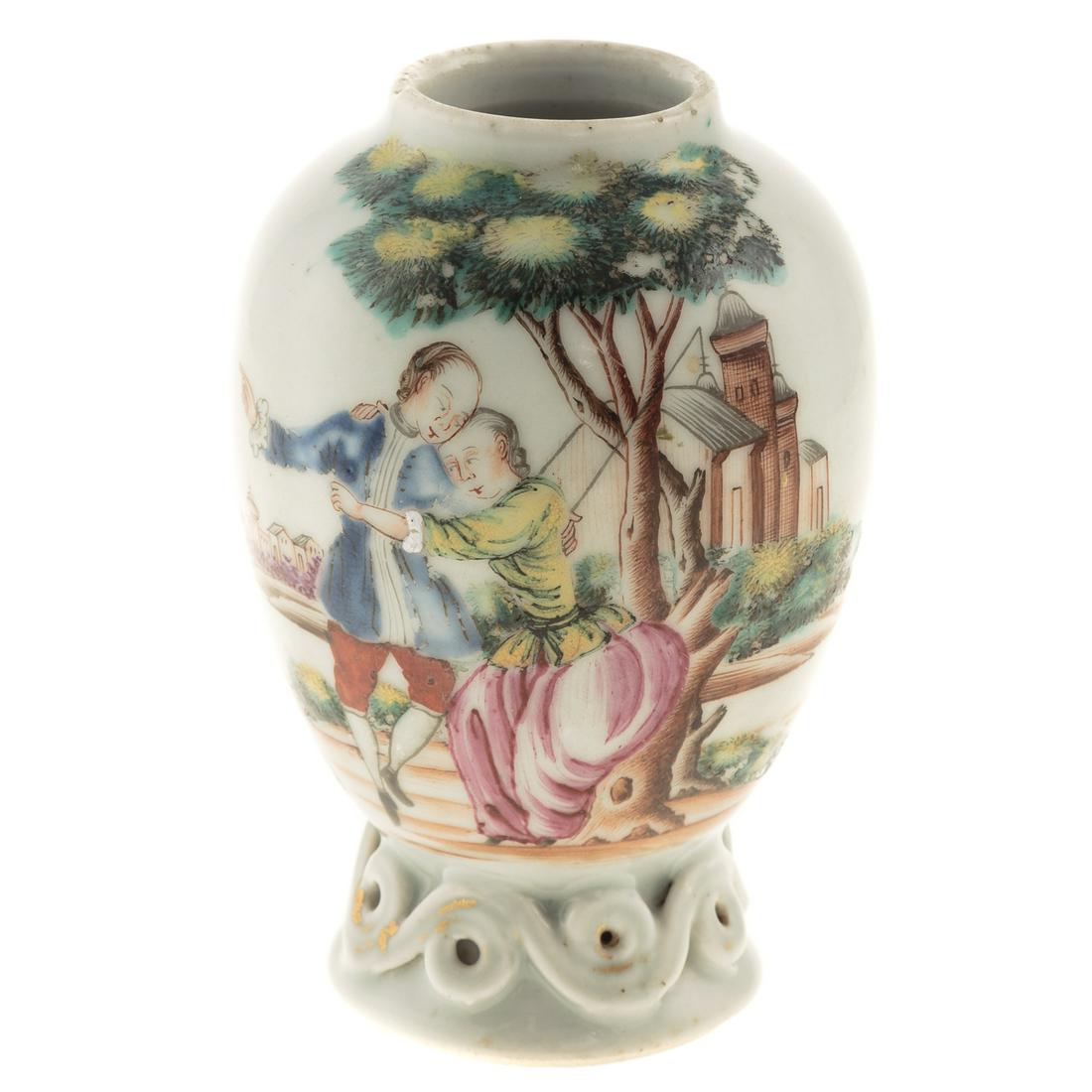 Rare Chinese Export European Scene Tea Poy: Circa 1750; ovoid form with polychrome enamel decoration in the European manner, two lovers in garden with church in background and European ship in distance, 4 in. H. From the Estate of Philip S. Dub