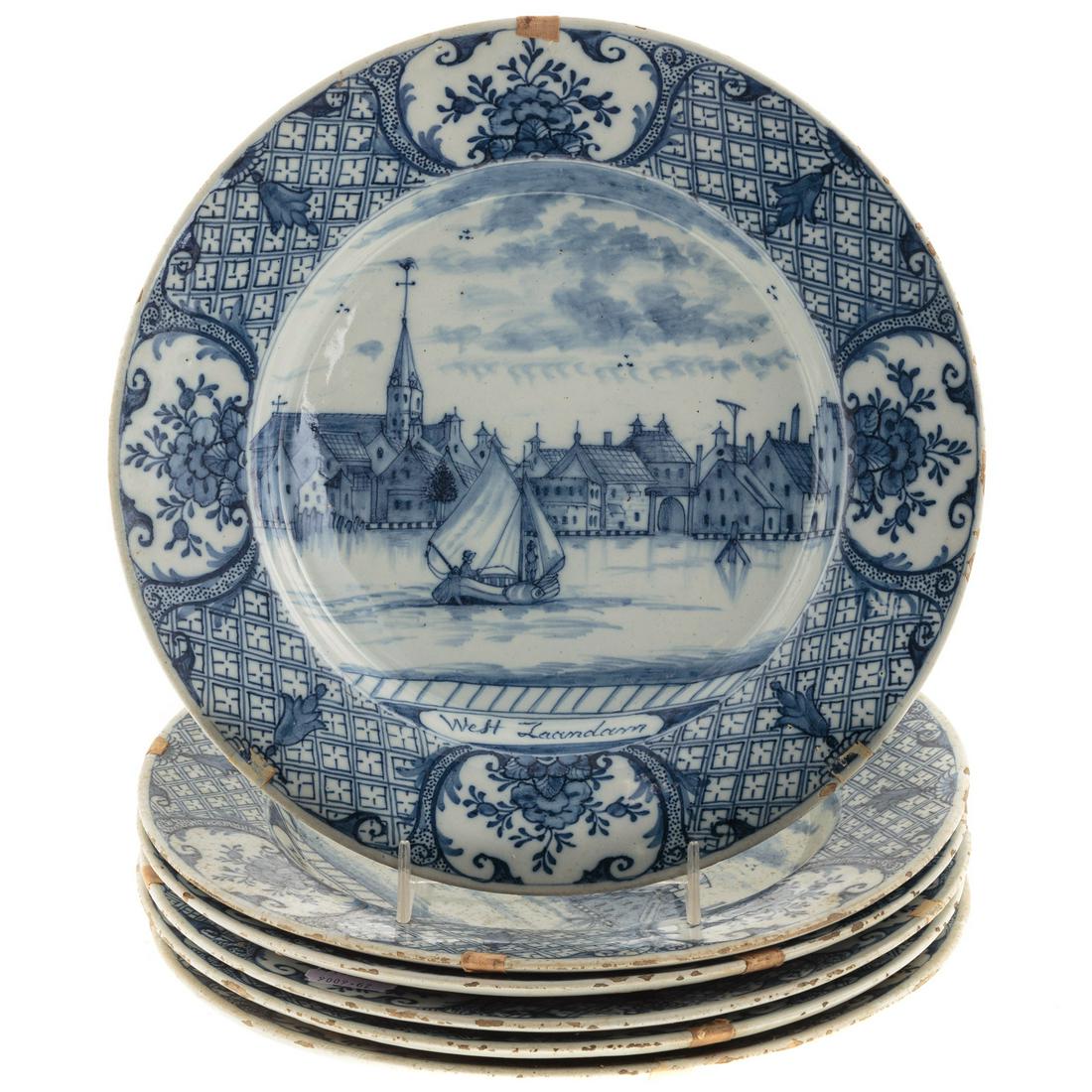 Six Dutch Blue/White Delftware Scenic Plates: Circa 1764-88; Chinese Export style border with cross hatching and floral cartouches and center with town scene and boat in harbor, titled "Weft Zaandam," bearing the mark of the "Porceleyne Bijl (Por