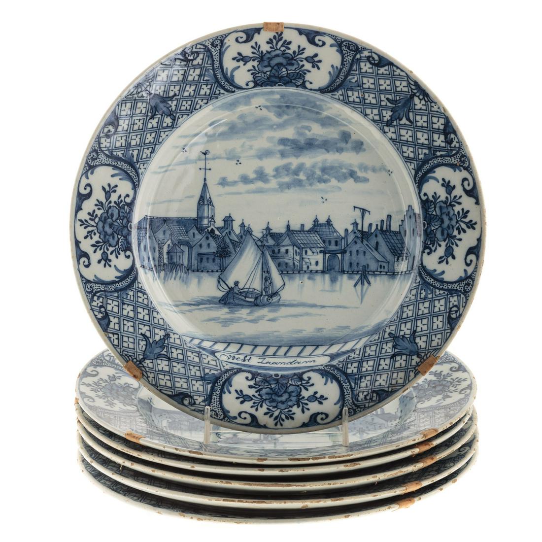 Six Dutch Blue/White Delftware Scenic Plates: Circa 1764-88; Chinese Export style border with cross hatching and floral cartouches and center with town scene and boat in harbor, titled "Weft Zaandam," bearing the mark of the "Porceleyne Bijl (Por