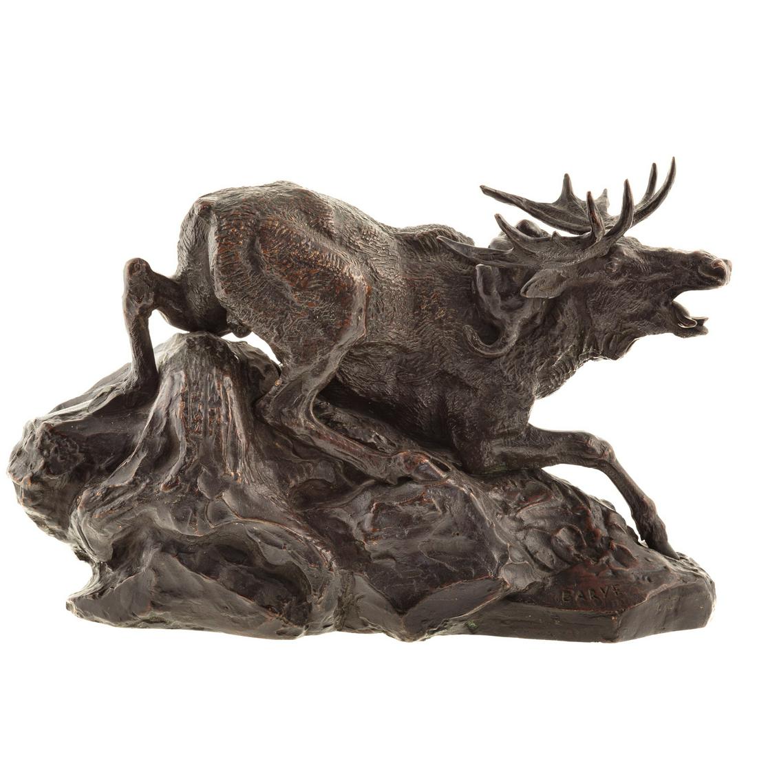 After Barye, Moose Attacked By Lynx Bronze: modeled as large bull moose with lynx on back on rocky base, signed "Bayre," 8 3/4 in. H., 13 in. L.