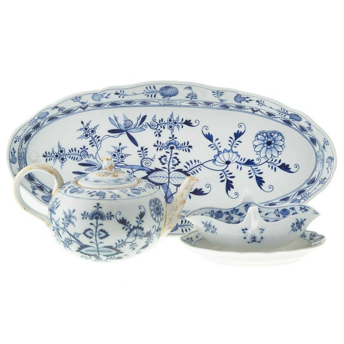 Meissen Porcelain Onion Partial Dinner Service: Assembled service, approx 110 pieces, includes; plates, large selection of various size platters, teaware, cups and saucers, serving pieces, condiment items, salts and various shaped dishes.