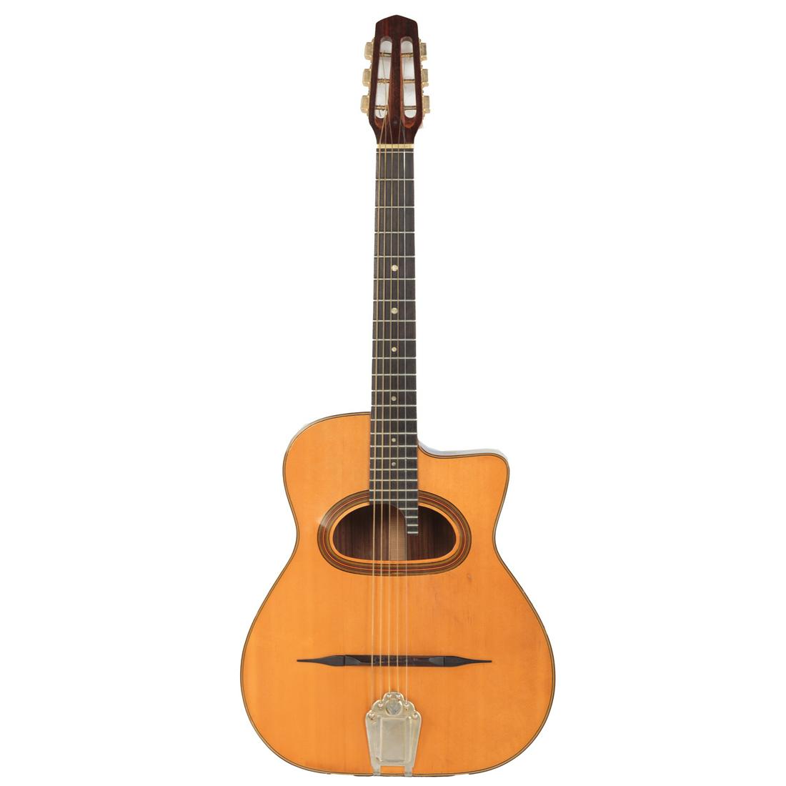 Classical Style Six String Acoustic Guitar: Rosewood and maple body, with mother of pearl inlay on neck. 38 in. L., 16 in. W.