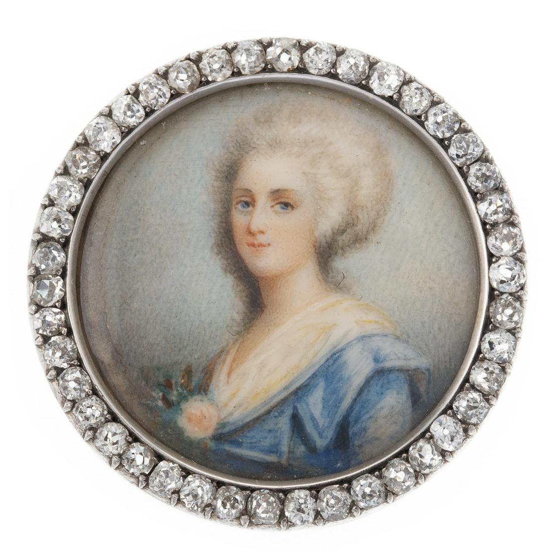 An Antique Old Mine Cut Diamond Portrait Brooch: An antique brooch featuring a finely hand-painted Georgian lady with diamond bezel, approx. 40 old mine cut diamonds with an approx. weight of 0.60 ctw, 10K white gold setting with 18K white gold pin 