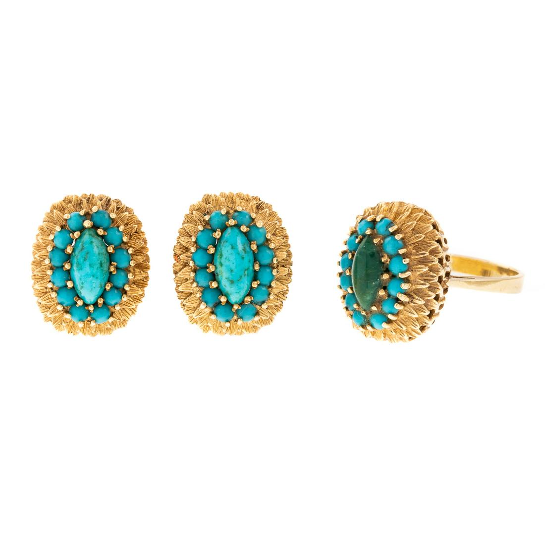 A 18K Italian Turquoise Ring & Matching Earrings: 1) 18K yellow gold Italian ring featuring turquoise surrounded by textured leaves atop a pierced base, sz 6 and 2) matching earrings with posts and Omega clips, 0.75 in. L., 19.8 grams tw
