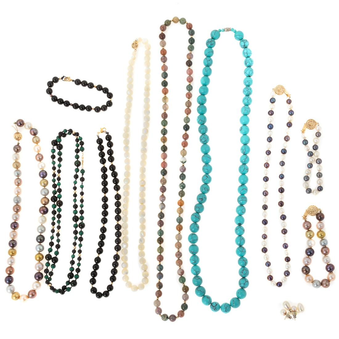 A Large Collection of Pearl Necklaces & Beads: 1) Multi-color freshwater pearl necklace, pearls approx. 9.4 mm each, 14K hidden box clasp, 16 in. L. with matching bracelet, 8 in. L., 2) Tahitian pearl necklace, 18 in. L. and matching bracelet, 7.5