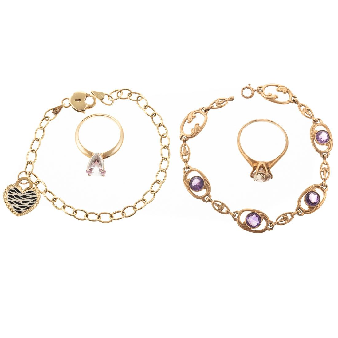 Collection of Gold Rings & Bracelets: 1) 14K yellow and white gold ring with round synthetic stone, sz 6, 2) 14K yellow gold charm bracelet with leopard enamel heart charm, heart shaped lobster clasp, 7 in. L., 3) 10K yellow gold ring wit