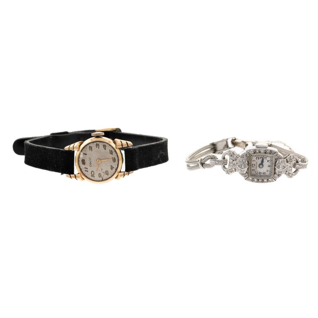 A Plat Art Deco Diamond Watch & 14K Vintage Watch: 1) c. 1920s, platinum lady's cocktail watch by Croton features square 14.25 mm case bead set with round diamonds and bezel set with two marquise diamonds, milgrain edge, cream dial, Swiss 17 jewels, m