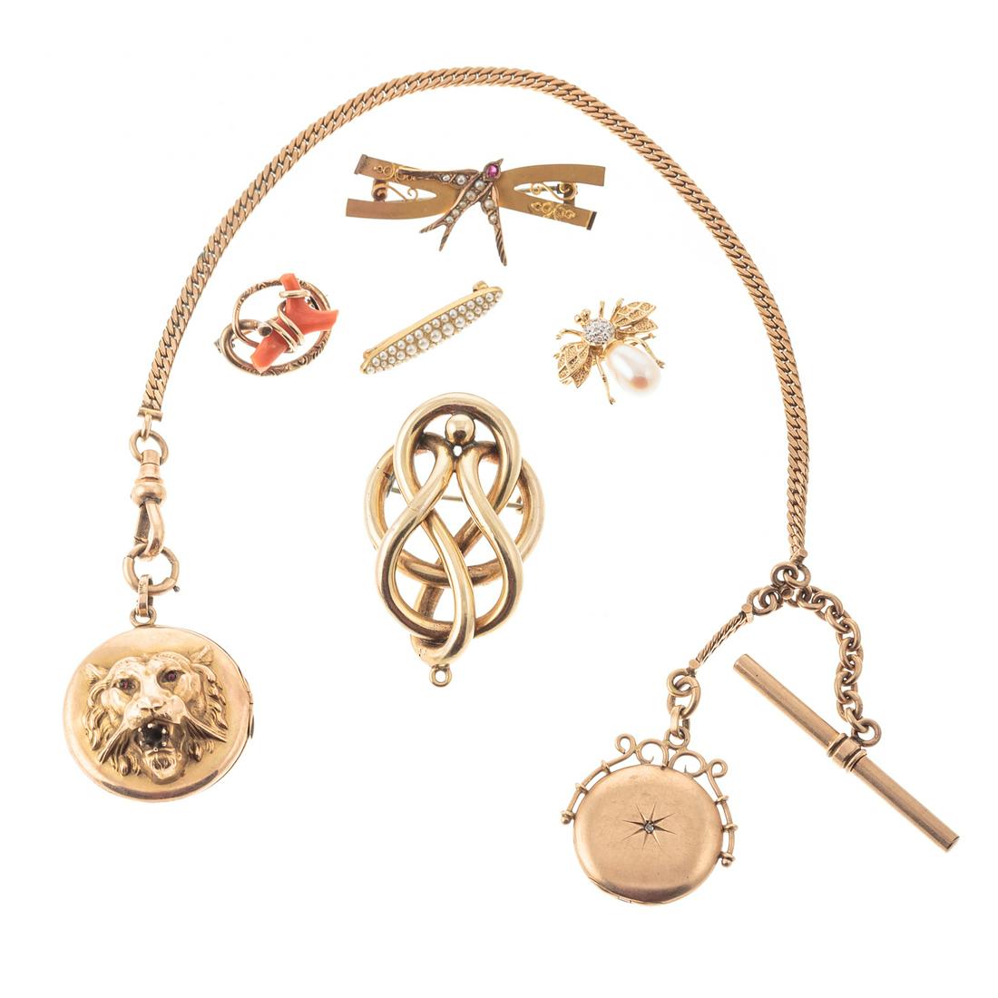 A Collection of Victorian Lockets & Brooches: 1) Gold filled watch chain with two Victorian lockets in 10K yellow gold, lion front locket with garnet eyes, 1.5 in. L. and round locket with rose cut diamond, 1.5 in. L., chain 10 in. L., 2) 14K yel