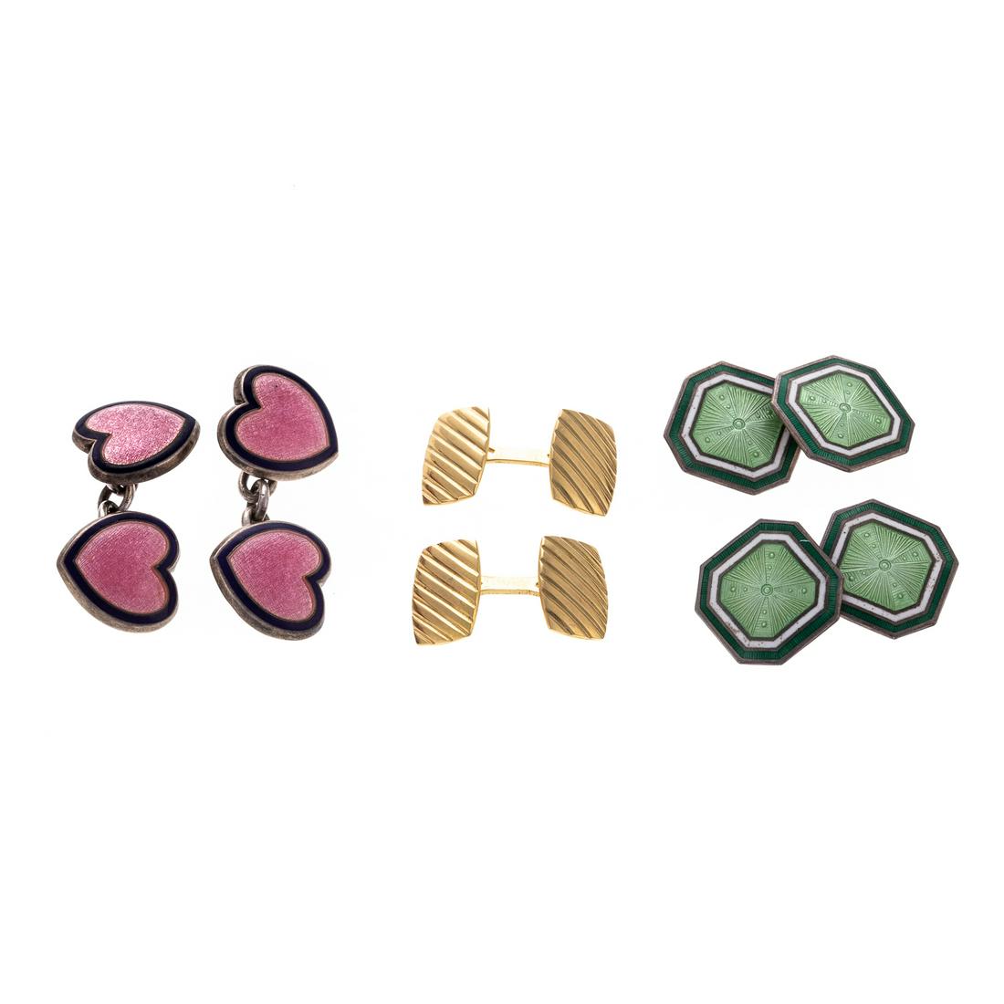 A Collection of Enamel Cufflinks in Silver & 18K: 1) Art Deco sterling silver green enamel double sided cufflinks by Foster & Bailey, light green guilloche enamel in the center with dark green outer edge, 0.5 in. W., 2) pair of sterling silver double