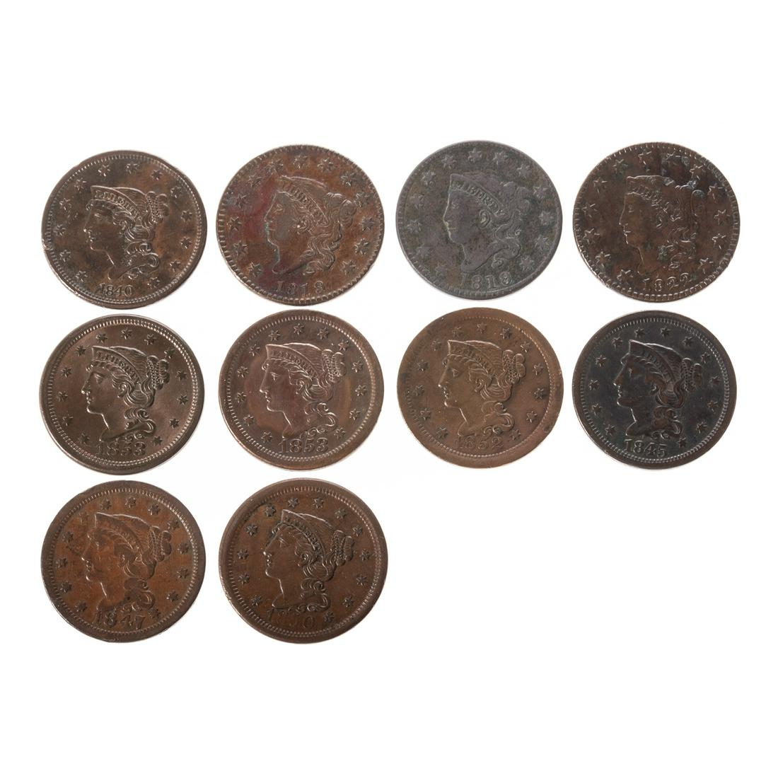 A Nice Group of Ten Large Cents 1819-1853: 1819 Small Date XF with cleaning spot at neck, 1819/8 N-1 R-1VF with uniform porosity, 1822 N-5 R-2 VF/XF with corrosion spot over bonnet. 1840 Large Date XF45 with nice brown color, 1845 VF35 with li